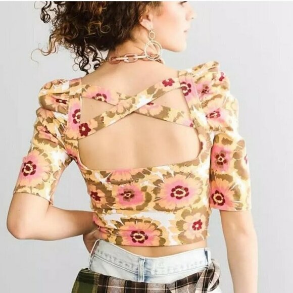 Free People Floral Puff Sleeve Crop Top L NEW Cottagecore Boho Peasant Milkmaid - Picture 2 of 10